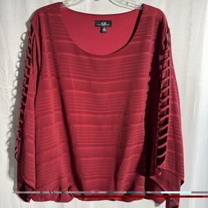 AGB Red Blouse 3X Plus Size Lattice Sleeve Textured Stripe Career Top Shirt